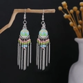 Bohemian silver earrings with long tassels, colorful beads, and hand-painted enamel details - Boho Pink Green Long Tassel (E6165-3)