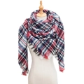 Classic red and navy blue plaid triangle scarf with fringe for autumn winter warmth - 135x135x200cm / SJ-07# Wine Red