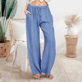 Women casual loose sky blue cotton linen wide leg trousers with elastic drawstring waist - S / Light Blue