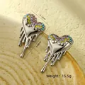 Lava heart earrings in silver finish with colorful crystals and melting metal design - Steel