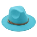 Detail of the turquoise wool fedora hat with a brown faux leather belt and gold buckle - M (56-58cm) / Lake Blue (Heart Buckle Belt)