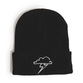 Detail of black knit beanie featuring white embroidered cloud and lightning bolt design - M (56-58cm) / Black