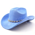 Dettaglio cappello da cowboy in camoscio azzurro con fascia decorativa di conchiglie - M (56-58cm) / Blu cielo profondo