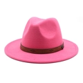 Detail of bright pink wool fedora featuring a carved brown leather band and metal buckle - M (56-58cm) / Rose Red