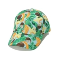 Blue canvas baseball cap with tropical fruit prints featuring banana coconut and palm leaf - Tropical Coconut Banana Style (E)