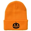 Bright orange knit beanie with black Halloween pumpkin face embroidery for winter - Orange Pumpkin Smiling Face Style (橙色-F)