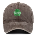 Close-up of green clover and lucky embroidery on dark brown washed cotton baseball cap - Adjustable / Coffee
