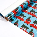 Blue Christmas wrapping paper roll featuring red cars with trees and penguins - Aluminized Small Car / 43cmx3m