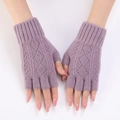 Close-up of purple knitted fingerless arm warmers with detailed diamond hollow pattern - One Size / Light Purple