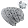 Close-up of the double-layer knitted beanie showing smooth grey satin lining and texture - Light Gray
