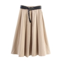 High-waisted khaki pleated midi A-line skirt featuring a slim black decorative belt - XS / Khaki
