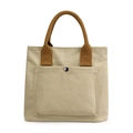 Borsa shopper in tela beige con manici marroni e tasca frontale, borsa casual donna. - Kaki