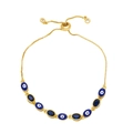 Gold Evil Eye bracelet with blue enamel charms and adjustable slide clasp for women - Blue