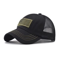 Tactical black mesh baseball cap with embroidered green flag patch from a side angle view - Adjustable / US Flag Mesh Cap Black