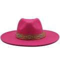 Close-up of rose red wool fedora with brown leather rivet band and geometric pattern - M (56-58cm) / Rose Red