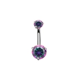 Rainbow zircon belly button ring with silver stainless steel body and iridescent stones - Purple Dazzling