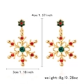 Gold snowflake earrings with red and green rhinestones and size measurements - Gold Red Green Gem Ear Drops