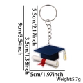 Blue graduation cap and scroll certificate keychain with detailed size measurements - Doctoral Hat & Diploma Style