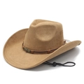Classic light brown suede cowboy hat with wide brim, leather band and metal buckle - Camel