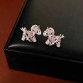 Silver horse earrings featuring pink heart zirconia stones on black leather jewelry box - 40# Silver Pin - Zircon Pony Simple Fashion Studs