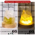 Natural white and yellow crystal diffuser lamp with LED wood base in off/on states - 400g Stone + 10cm Warm Light USB Base / Clear Quartz + Citrine