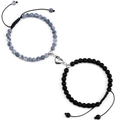 Pink Zebra Jasper and black stone braided bracelets with magnetic heart charm for couples - Grey Weathered Agate and Matte Stone