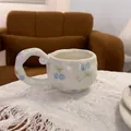 Handcrafted cream ceramic mug with blue cherry patterns and unique artistic handle - Fresh Fruit Single Mug / Single Cup