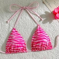 Hot pink zebra print halter bikini top with adjustable ties on a soft white background - Rose Red Zebra