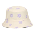 Cappello a secchiello in tela bianco panna con fiori viola e motivi con faccine sorridenti - Bianco Sporco