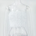 Close-up of 3D white rose petal texture on a strapless summer crop top bodice - S / White