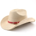 Dettaglio del cinturino in pelle rossa sul cappello da cowboy in camoscio beige con fibbia - M (56-58cm) / Cammello Chiaro