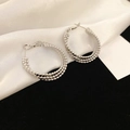 Silver triple row beaded metal hoop earrings with elegant textured finish for women - 67# Silver Earring Post - Silver