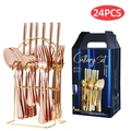 24-piece rose gold stainless steel cutlery set with golden rack and blue gift box - 24-Piece Set / Rose Gold