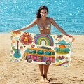 Serviette de plage en microfibre double face avec motif de bus rétro hippie coloré - B61-Bus Rétro Hippie / 160cm x 80cm