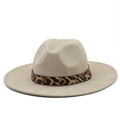 Classic beige suede fedora hat with leopard print band and golden metal rivet detail - M (56-58cm) / Beige