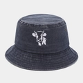 Detail of white cow embroidery on vintage washed grey denim bucket hat with metal eyelets - Navy Blue