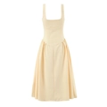 Elegant sleeveless beige A-line maxi dress with square neckline and cinched waist - S / Light Yellow