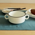 Creamy white ceramic soup bowl with black rim line and dual handles on blue placemat - 30*40cm / Dark Blue