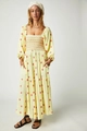 Detail of square neck yellow dress featuring floral embroidery and puff lantern sleeves - S / Light Yellow