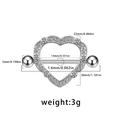 Silver heart-shaped nipple ring with zircon stones showing detailed dimensions and size - Silver Heart Zirconia