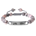 Detail of beaded bracelet with pink tiger eye stones and custom eye engraved metal plate - Pink Zebra Stone Bracelet - Silver Metal Plate