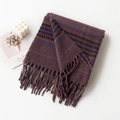 Fashionable purple and brown plaid knit scarf with fringes on a clean white background - Purple