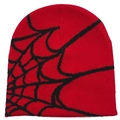 Detail of red jacquard knit beanie featuring black spider web pattern and texture - Red with Black Web