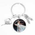 Silver ballet dancer keychain with glass gem pendant and pointe shoes charms - Style 15