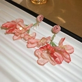 Pink fabric petal flower earrings with green beads and rose studs on a white tray - Style 3: Gold & Pink (S925 Silver Pin)