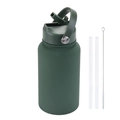 Matte dark green 650ml stainless steel sports bottle with handle, straws and brush - Moss Green