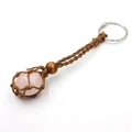 Handmade rose quartz crystal keychain with brown woven rope net and wooden bead - Rose Quartz + Brown Mesh Keychain