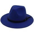 Detail of royal blue fedora hat with a black leather band and metal buckle accent - Sapphire Blue