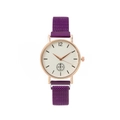 Women's quartz watch with purple mesh steel band and rose gold case on white background - Purple