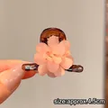 Pink floral hair claw clip in amber resin finish, approx. 4.5cm size for high ponytail - #2 Brown Flower Approximately 4.5 Cm Long.